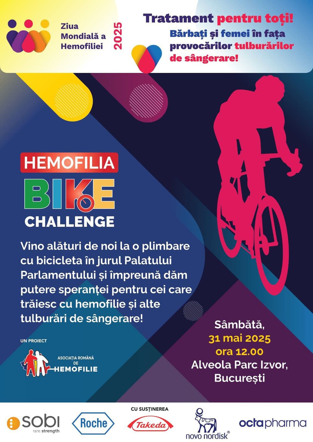 Sâmbătă, 31 mai, Pedalăm pentru Speranță la Hemophilia Bike Challenge în Parcul Izvor – Alătură-te Mișcării pentru Ziua Mondială a Hemofiliei 2025! 🚴‍♀️