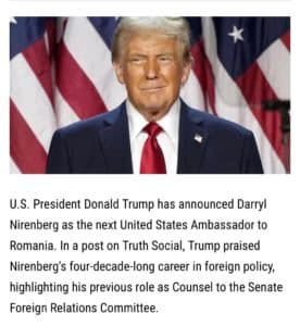  Darryl Nirenberg, Alegerea lui Donald Trump pentru Parteneriatul SUA-România